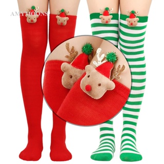 Amymoons ถุงเท้ายาวถึงเข่า พิมพ์ลายคริสต์มาส กวาง น่ารัก พลัสไซซ์ สําหรับเด็กผู้หญิง