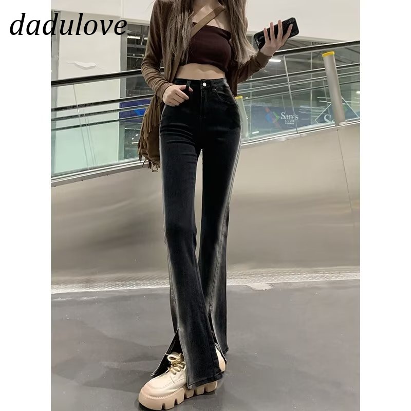 dadulove-new-korean-version-of-ins-high-waist-slit-jeans-womens-slim-fit-flared-pants-large-size-trousers