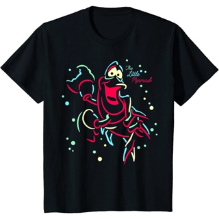 เสื้อยืดแขนสั้นเสื้อยืดผ้าฝ้ายพรีเมี่ยม เสื้อยืด พิมพ์ลายกราฟิก Disney Little Mermaid Neon SebastianS-5XL