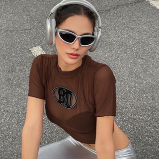 เสื้อครอปท็อป ผ้าตาข่าย ปักลายตัวอักษร Y2k แฟชั่นฤดูร้อน สําหรับผู้หญิง HCHY