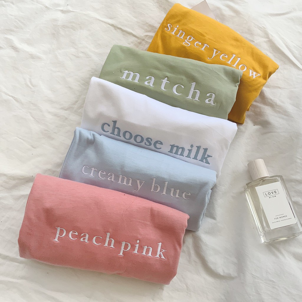 รูปภาพสินค้าแรกของS001 เสื้อยืด oversize ผ้าคอตตอน สไตล์ minimal ปัก choose milk matcha peach pink creamy blue