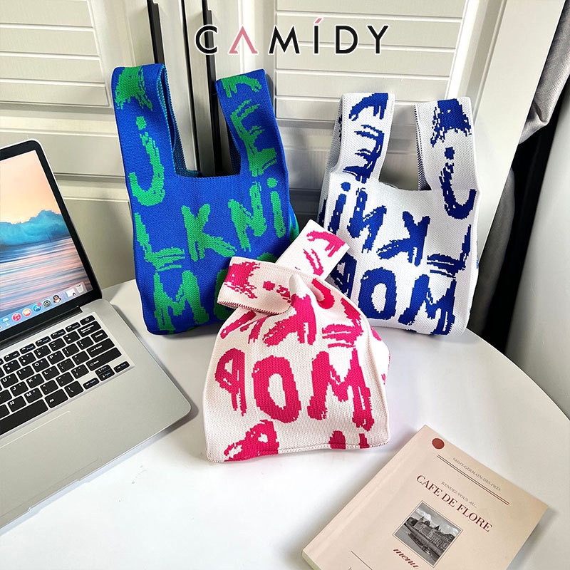 camidy-กระเป๋าเสื้อกั๊กถักสุดเก๋-กระเป๋าถือดีไซน์ไม่ซ้ำใคร-ตัวอักษรกราฟฟิตีเกาหลี