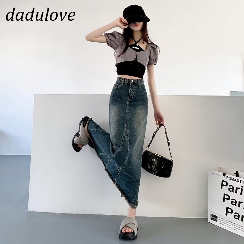 dadulove-new-korean-version-of-ins-high-waist-denim-skirt-raw-edge-slit-a-word-skirt-large-size-package-hip-skirt