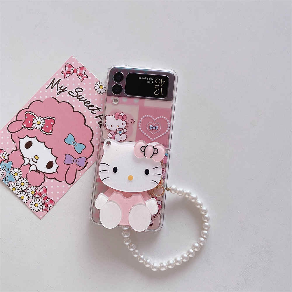 samsung-galaxy-z-flip-3-4-เคสการ์ตูนน่ารัก-hello-kitty-กระจกใส-เคสโทรศัพท์ฝาหลัง-พร้อมสายคล้องมือ-ประดับมุก