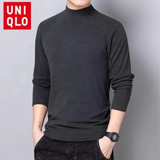 Uni.qlo เสื้อยืดแขนยาว คอสูง ผ้าฟลีซ สองด้าน ให้ความอบอุ่น แฟชั่นฤดูหนาว สไตล์เยอรมัน สําหรับผู้ชาย