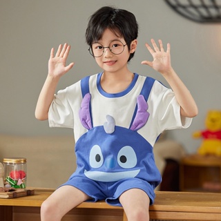 New short-sleeved pure cotton childrens pajamas Summer thin childrens cute cartoon Stitch home clothes