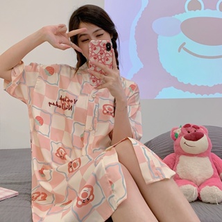 Summer new sexy sweet high-end ladies nightdress Womens summer ice silk cartoon strawberry bear short-sleeved pajamas d