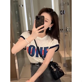 เสื้อยืดแขนสั้น ผ้าเรยอน พิมพ์ลายตัวอักษร สีขาว แฟชั่นฤดูร้อน สําหรับผู้หญิง MC PJEV