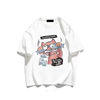  แมวตลกปลาแมวเสื้อยืดพิมพ์การ์ตูนผ้าฝ้ายแขนสั้น ผู้ชายและผู้หญิงเสื้อยืด Unisex เสื้อผู้หญิงในสไตล์น่ารัก cat แขนสั้น