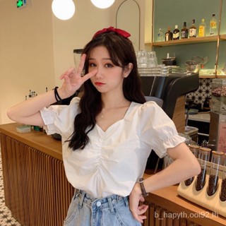 เสื้อวินเทจแขนพัฟสไตล์ฝรั่งเศสเผยไหปลาร้าVคอปกฤดูร้อนรุ่นใหม่แขนสั้นเสื้อเชิ้ตสีขาวผู้หญิงดีไซน์เฉพาะกลุ่มSL6684