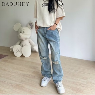 DaDuHey🎈 New American Style Ins Retro Washed Ripped Jeans Niche High Waist Wide Leg Loose Plus Size Pants