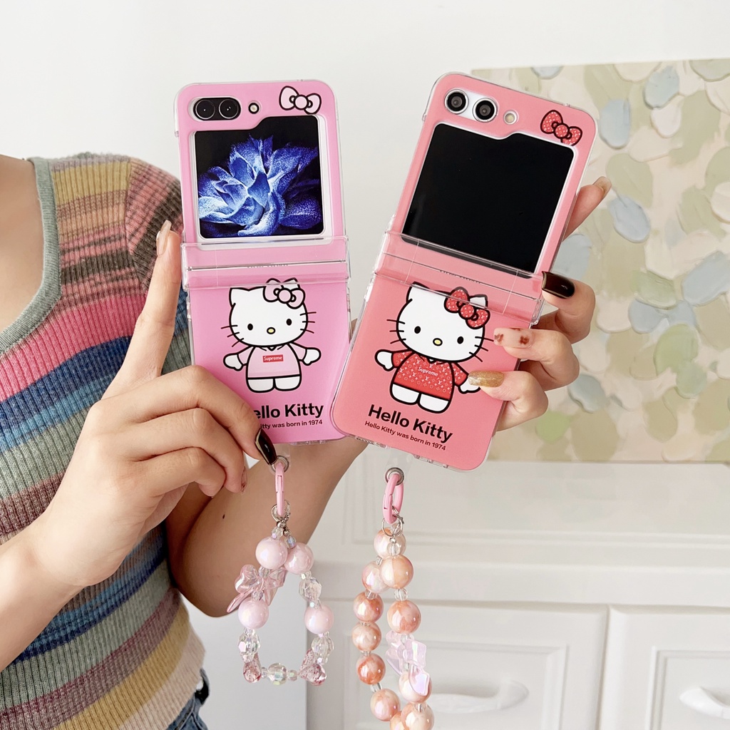 เคสโทรศัพท์มือถือแบบแข็ง-กันกระแทก-ลายการ์ตูนเฮลโลคิตตี้-พร้อมสายโซ่คล้อง-สําหรับ-samsung-galaxy-z-flip5-5g-3in1-z-flip-3-flip-4