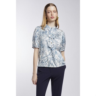 ESPADA เสื้อเบลาส์พิมพ์ลายใบไม้ ผู้หญิง | Three Quarter Sleeve Satin Blouse | 4632