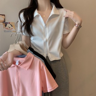 เสื้อยืดโปโล แขนสั้น คอสูง สีพื้น เหมาะกับฤดูร้อน สําหรับผู้หญิง