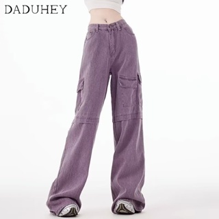 DaDuHey🎈 Womens Korean-Style Fashion Large Pocket High Street 2023 Summer New Ins Wide Leg Slimming Pants Cargo Pants