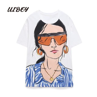 Uibey เสื้อคอกลม แขนสั้น พิมพ์ลาย ทรงหลวม แฟชั่น 3335