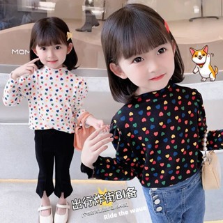 พร้อมส่ง เสื้อแขนยาวลําลอง คอกลม แขนพอง พิมพ์ลายหัวใจน่ารัก แฟชั่นฤดูใบไม้ผลิ และฤดูใบไม้ร่วง สไตล์เกาหลี สําหรับเด็กผู้หญิง