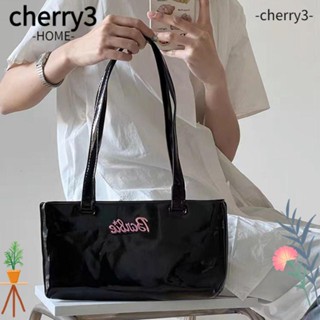 Cherry3 กระเป๋าถือ กระเป๋าสะพายไหล่ หนัง PU ทรงโท้ท ทรงสี่เหลี่ยมผืนผ้า สีดํา สําหรับสตรี Y2K