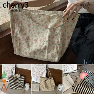 Cherry3 กระเป๋าสะพายไหล่ กระเป๋าถือ ผ้าแคนวาส ลายทาง ความจุขนาดใหญ่ สไตล์เกาหลี สําหรับสตรี