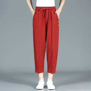 Spring Summer Women Cotton Linen Casual Harlan Cropped Pants Street Fashion All-match Elastic High Waist