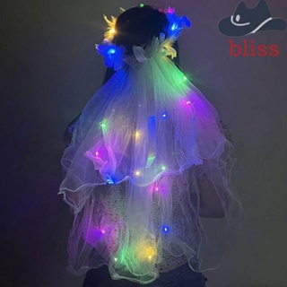 Bliss ผ้าโพกศีรษะ ผ้าตาข่าย มงกุฎ สีขาว มีไฟ LED สไตล์เกาหลี โรแมนติก สําหรับเจ้าสาว วันเกิด