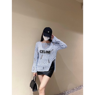 KXUL CEL Beaute 2023 spring and summer new heavy industry rhinestone letters gradient color irregular hole split sweater womens fashion versatile