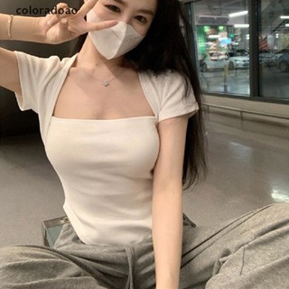 Crd เสื้อยืดลําลอง แขนสั้น คอสี่เหลี่ยม เข้ารูป สีพื้น แฟชั่นฤดูร้อน สําหรับสตรี ZXH
