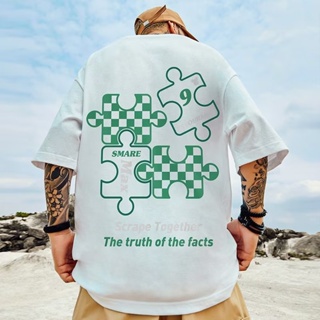 Street Wear Couple oversize Korean Version Green Check Puzzle Printed Short-Sleeved T-Shirt Men Women Trendy Unisex_03