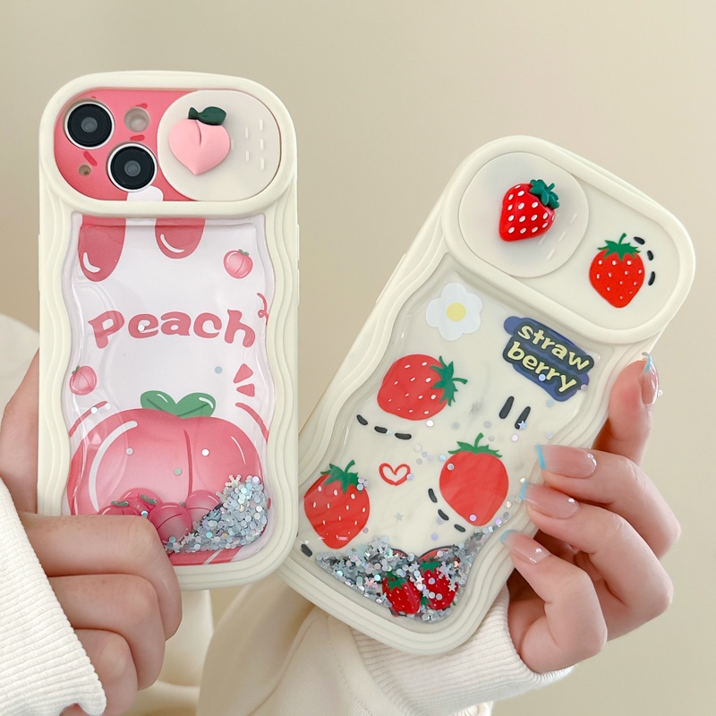 เคสโทรศัพท์มือถือ-ซิลิโคน-กันกระแทก-ลายลูกพีช-สตรอเบอร์รี่-3d-พร้อมตัวเลื่อน-สําหรับ-apple-14plus-13-pro-12-promax-11