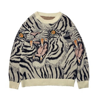 QFVW Kapital Vintage Jacquard tiger totem knitted round neck Japanese retro knitted pullover sweater