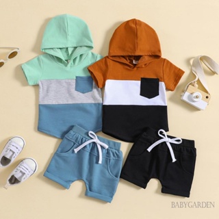 Babygarden-0-3 ปี ชุดเสื้อผ้าเด็กผู้ชาย ฤดูร้อน, สีตัดกัน แขนสั้น เสื้อฮู้ด + กางเกงขาสั้น เอวยางยืด