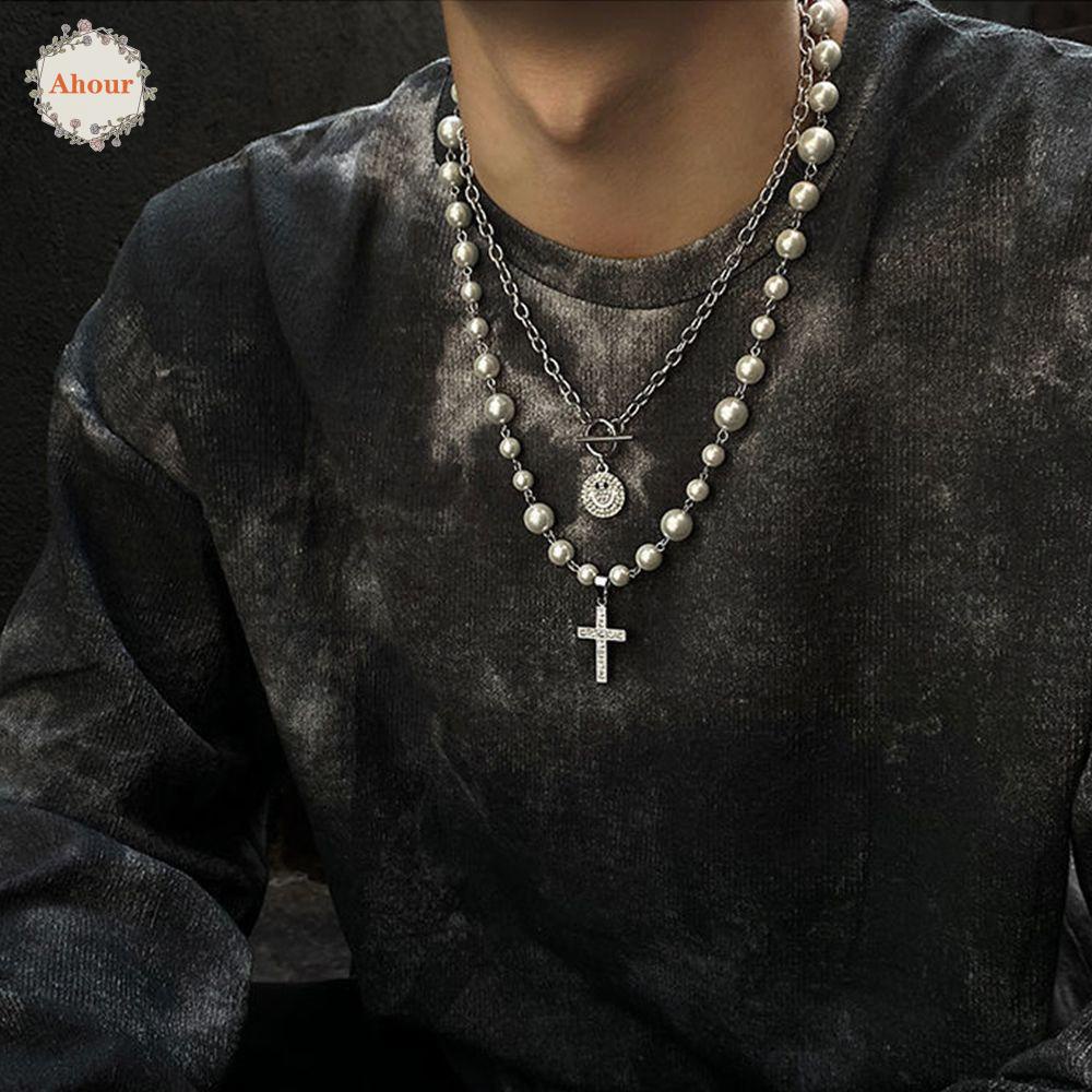 ahour-สร้อยคอผู้ชาย-เท่-ฮิปฮอป-มุก-ไม้กางเขน-พลอยเทียม-โลหะผสม-เครื่องประดับผู้ชาย