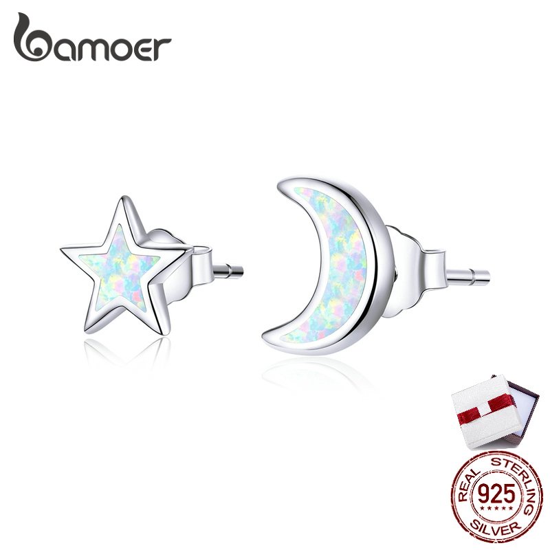 bamoer-ต่างหูดวงจันทร์และดาวโอปอลไม่สมมาตรสำหรับผู้หญิงเงิน-925