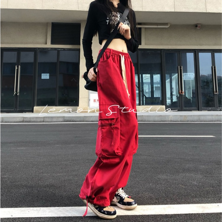 lemon-studio-กางเกงขายาว-กางเกงเอวสูงผู้หญิง-สีแดง-เสื้อผ้าแฟชั่นผู้หญิง-เสื้อผ้าสไตล์เกาหลี-กางเกงคาร์โก้-tjl075