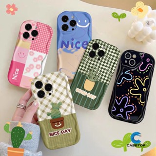 เคสขอบโค้ง 3D เข้ากันได้กับ IPhone 7 8 6 6s Plus XR 11 13 Pro Max X XS Max SE 2020 ดอกไม้ หน้ายิ้ม ลายตาราง กระถางต้นไม้สด กระบองเพชร เคสดอกไม้ เรียบง่าย