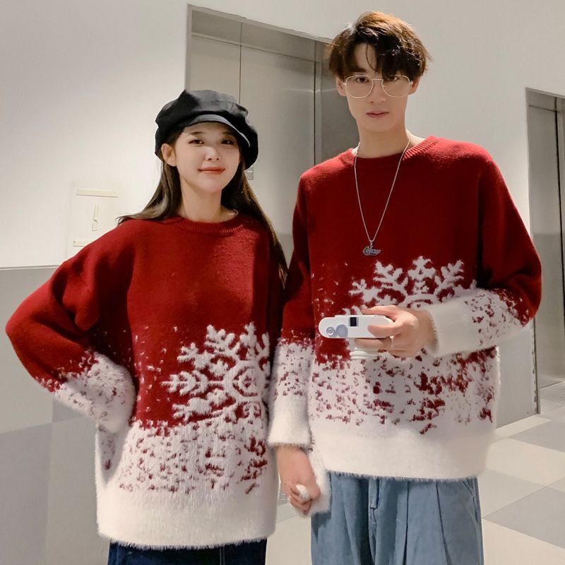 asrv-ชุดคู่ฤดูใบไม้ร่วงและฤดูหนาวเสื้อสเวตเตอร์คริสต์มาสหนาขึ้นสำหรับผู้ชายและผู้หญิงความรู้สึกการออกแบบลมขี้เกียจหลวม