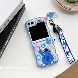 เคสโทรศัพท์มือถือ ป้องกัน ปิดด้านหลัง ลาย Stitch พร้อมสายคล้อง สําหรับ Samsung Galaxy Z Flip 5 Z Flip 4 Z Flip 3 ZFlip3 ZFlip4 ZFlip5