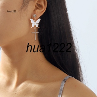Hua1222.mx ต่างหูแฟชั่น รูปผีเสื้อ ประดับเพชร และพู่ หรูหรา