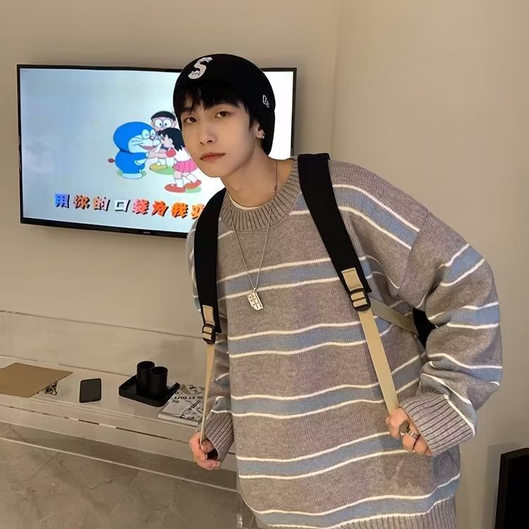 yipinyouyou-เสื้อสเวตเตอร์ผู้ชายแขนยาวแฟชั่นลำลองญี่ปุ่นลายทางหลวมคอกลมสไตล์ฮ่องกงย้อนยุคเสื้อแขนยาวถักใส่ได้ทั้งชายและหญิง