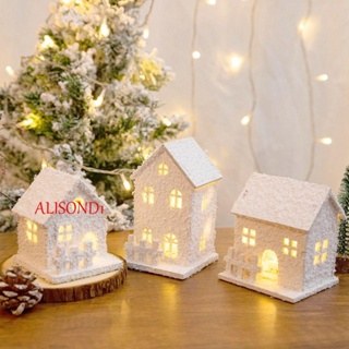 Alisond1 ปราสาทเรืองแสง พร้อมเกล็ดหิมะ ไฟ LED ขนาดเล็ก บ้านไม้ ของขวัญเด็ก ตั้งโต๊ะ สีขาว เรืองแสง