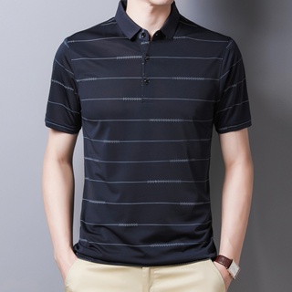 Spot high quality] striped POLO shirts for mens middle-aged dads wear short-sleeved t-shirts, ice silk lapel tops, Tee loose summer clothes, Paul shirts, business and leisure mens wear.