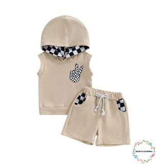 Babyclothes- ชุดเสื้อแขนกุด มีฮู้ด กางเกงขาสั้น ลายตารางหมากรุก สําหรับเด็กผู้ชาย 2 ชิ้น