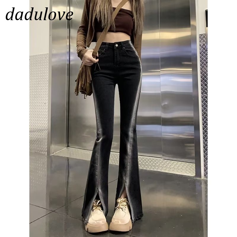 dadulove-new-korean-version-of-ins-high-waist-slit-jeans-womens-slim-fit-flared-pants-large-size-trousers