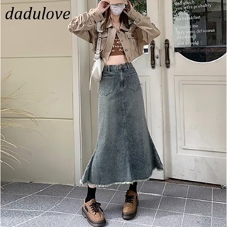 DaDulove💕 New Korean Version of INS Raw Edge Denim Skirt High Waist Loose A- line Skirt Large Size Long Skirt