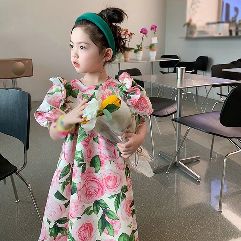 ชุดเดรสเจ้าหญิง-คอกลม-แขนสั้น-พิมพ์ลายดอกไม้-สไตล์เกาหลี-สําหรับเด็กผู้หญิง