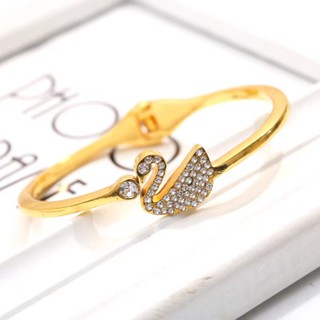 เครื่องประดับ สร้อยข้อมือ สเตนเลส ทอง 18K รูปหงส์ สีดํา และสีขาว แฟชั่นเกาหลี สําหรับผู้หญิง