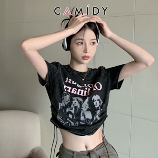 Camidy ย้อนยุคเก่าพิมพ์คู่แขนสั้นเสื้อยืดหญิงฤดูร้อนช่องออกแบบความรู้สึกรูดสั้นสาวร้อนสะดือด้านบน