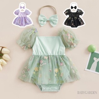 Babygarden-0-24 เดือน ชุดรอมเปอร์ แขนสั้น ลําลอง ผ้าตาข่าย ลายดอกไม้ พร้อมที่คาดผม แฟชั่นฤดูร้อน สําหรับเด็กผู้หญิง