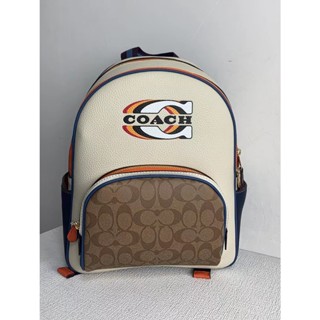 COACH CE596 กระเป๋าเป้ผู้หญิง/พิมพ์ลายคลาสสิก/กระเป๋านักเรียนมัลติฟังก์ชั่น/ความจุขนาดใหญ่/หนังวัว