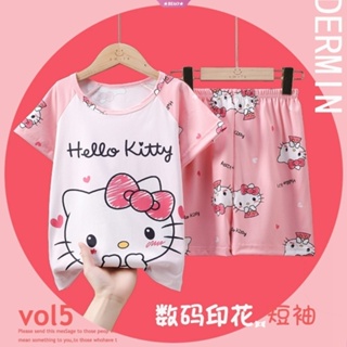 Sanrios Hello Kitty ชุดนอนเด็กผู้หญิง บางเฉียบ ฤดูร้อน แขนสั้น พิมพ์ลายการ์ตูนน่ารัก เสื้อผ้าเด็ก บ้าน